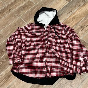 Flannel plus size button up blouse with lined hoodie!